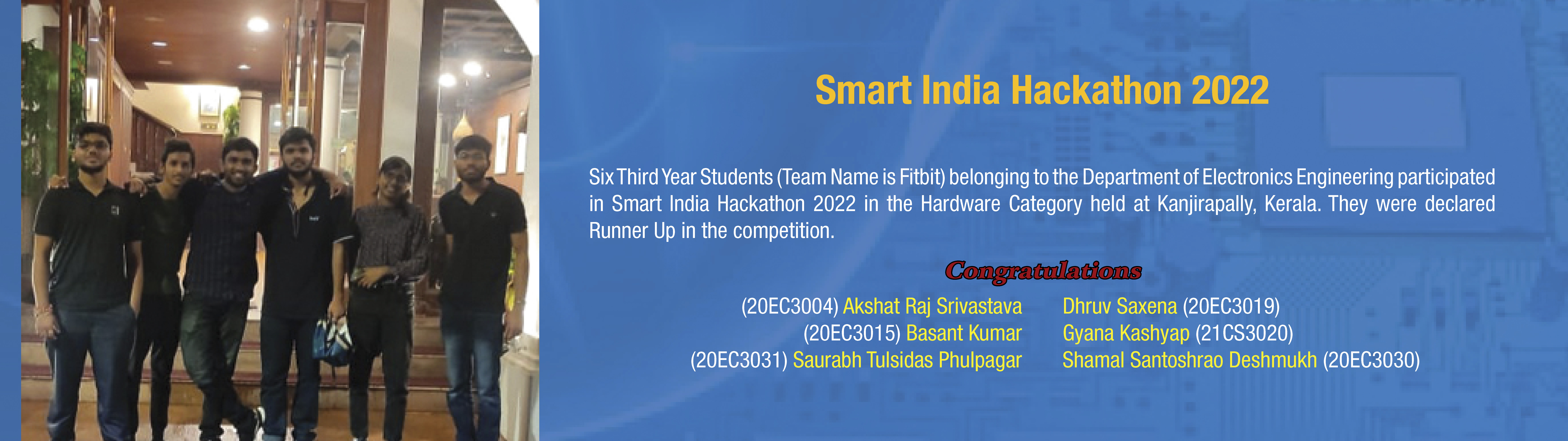 FITBIT Team, declared Runner-up, belonging to the Department of Electronics Engineering, RGIPT || Smart India Hackathon 2022 held at Kanjirapally, Kerala