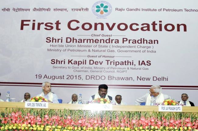	Dignitaries sitting on the dais during Convocation Ceremony (Left to Right) Front row Shri Kapil Dev Tripathi Ji, Secretary, MoPNG, Hon’ble Minister of State (Independent Charge), MoPNG Shri Dharmendra Pradhan Ji and Prof. J. P. Gupta, President &amp; Director- RGIPT